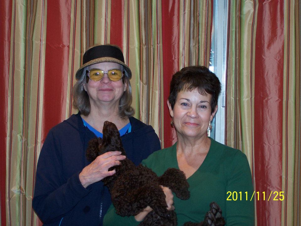 Two women with a poodle puppy